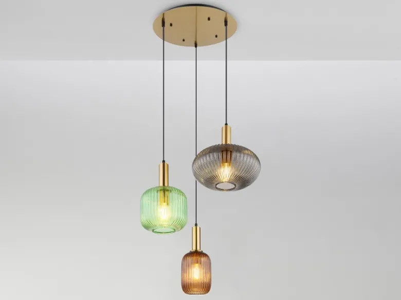 Cluster Pendelleuchte NORMY 3-flammig aus Rillenglas Bunt, Ø 55cm