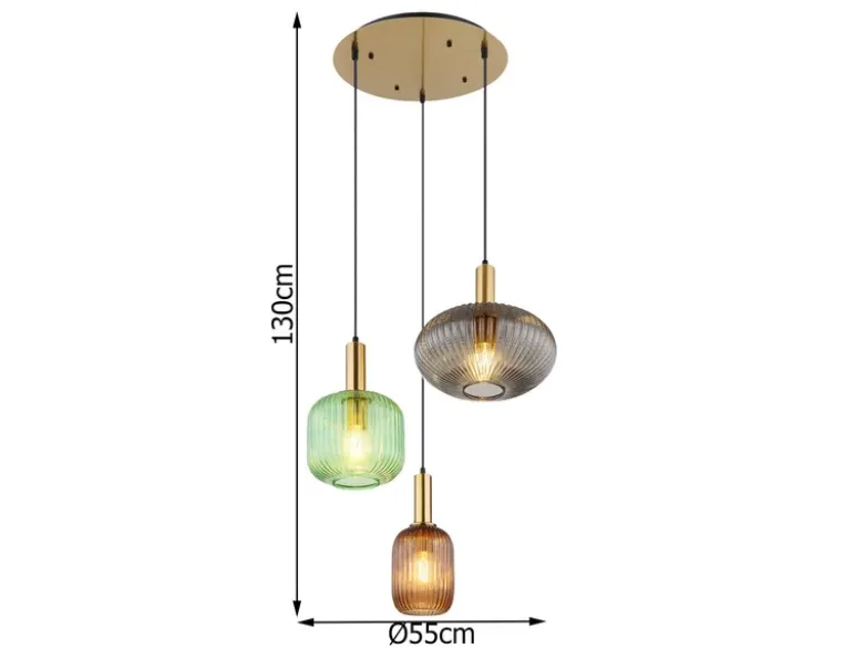 Cluster Pendelleuchte NORMY 3-flammig aus Rillenglas Bunt, Ø 55cm