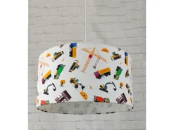 Coole Baustelle Hängelampe für Kinderzimmer mit Stoffschirm, bunt Ø 35cm