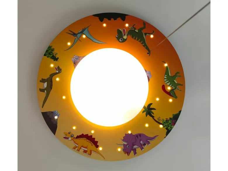Coole Deckenlampe mit Dino Motiv fürs Kinderzimmer, Schlummerlicht, bunt Ø 54cm