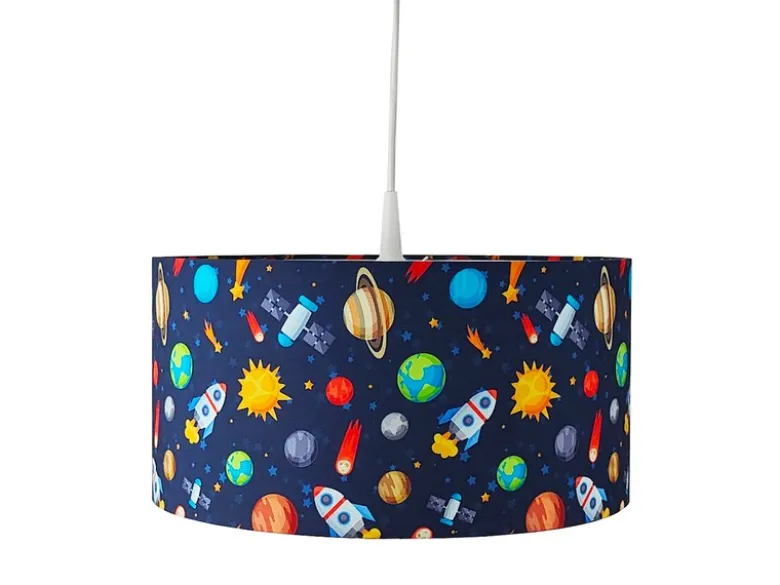 Coole Weltall Hängelampe für Kinderzimmer mit Stoffschirm, bunt Ø 35cm