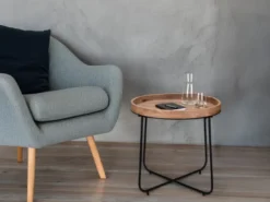 Couchtisch 2 teilig rund Metallgestell Schwarz, Tischplatte Holzoptik