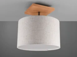 Deckenleuchte ELMAU mit Stoffschirm in Beige und Naturholz Sockel, Ø 36cm