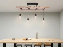 Deckenleuchte IRMGARD 4-flammig mit Leiter Holzbalken, Breite 115cm