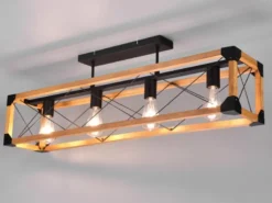 Deckenleuchte TENALI 4-flammig mit Holzbalken Metall Schwarz, Breite 100cm