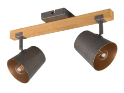 Deckenstrahler BELL 2-flammig Silber antik & Gold mit Holz, Breite 42,5cm