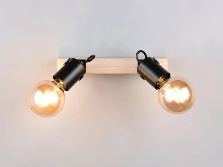 Deckenstrahler LYNAR 2-flammig aus Metall Schwarz mit Naturholz, Breite 31cm