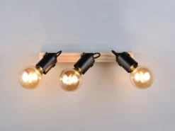 Deckenstrahler LYNAR 3-flammig aus Metall Schwarz mit Naturholz, Breite 42cm
