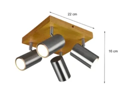 Deckenstrahler MARLEY Silber mit Holz 4-flammig, Quadrat 22cm