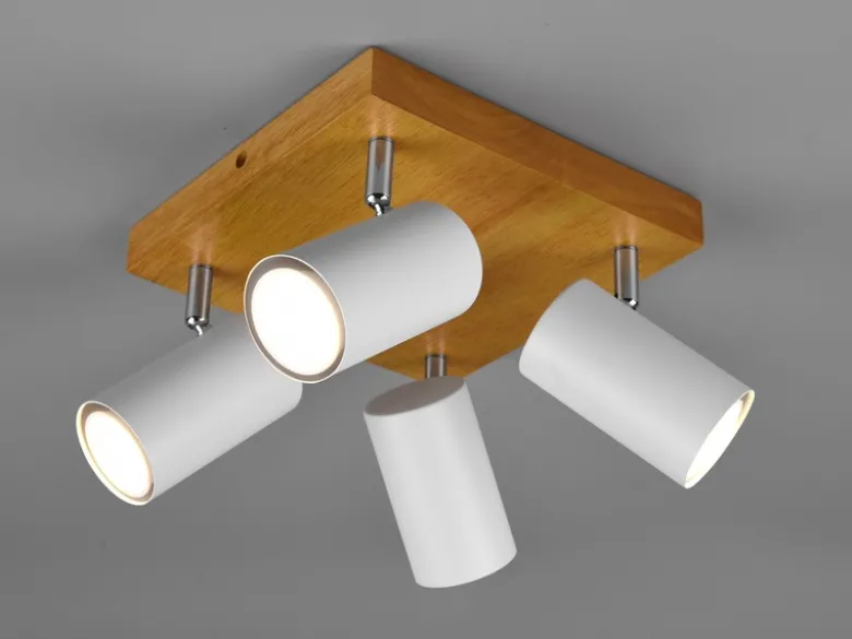 Deckenstrahler MARLEY Weiß mit Holz 4-flammig, Quadrat 22cm
