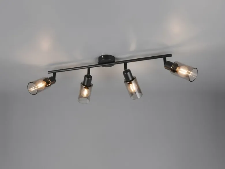 Deckenstrahler MARS 4-flammig Schwarz mit Rauchglas Lampenschirmen, Breite 60cm
