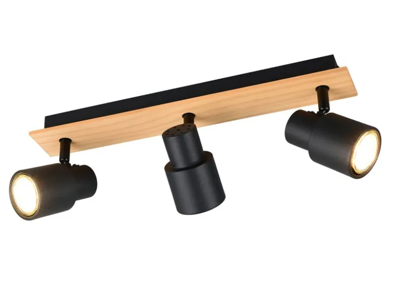Deckenstrahler PIERRE 3-flammig aus Metall in Schwarz mit Holz, Breite 46cm