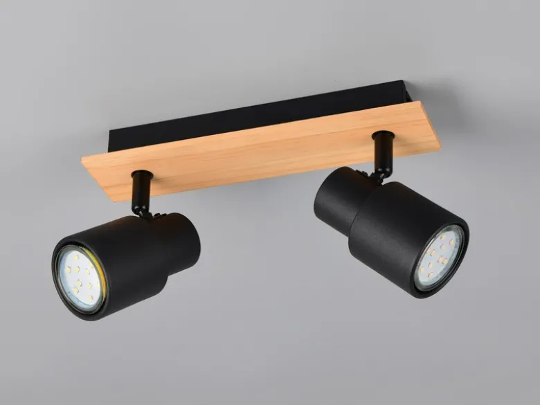 Deckenstrahler PIERRE 2-flammig aus Metall in Schwarz mit Holz, Breite 31cm