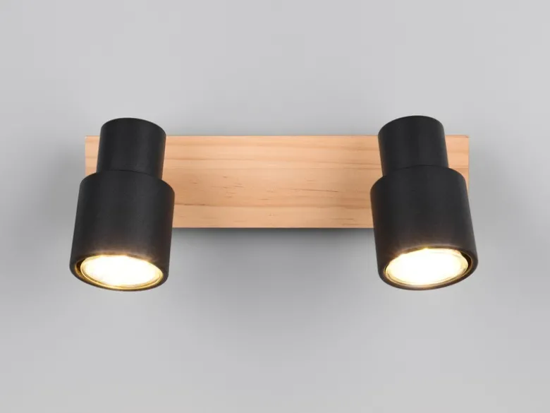Deckenstrahler PIERRE 2-flammig aus Metall in Schwarz mit Holz, Breite 31cm