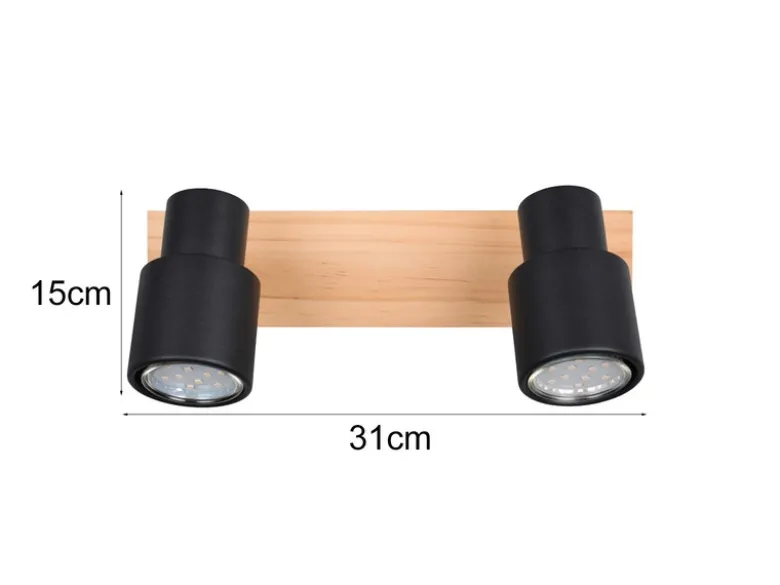 Deckenstrahler PIERRE 2-flammig aus Metall in Schwarz mit Holz, Breite 31cm