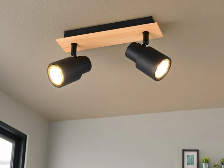 Deckenstrahler PIERRE 2-flammig aus Metall in Schwarz mit Holz, Breite 31cm