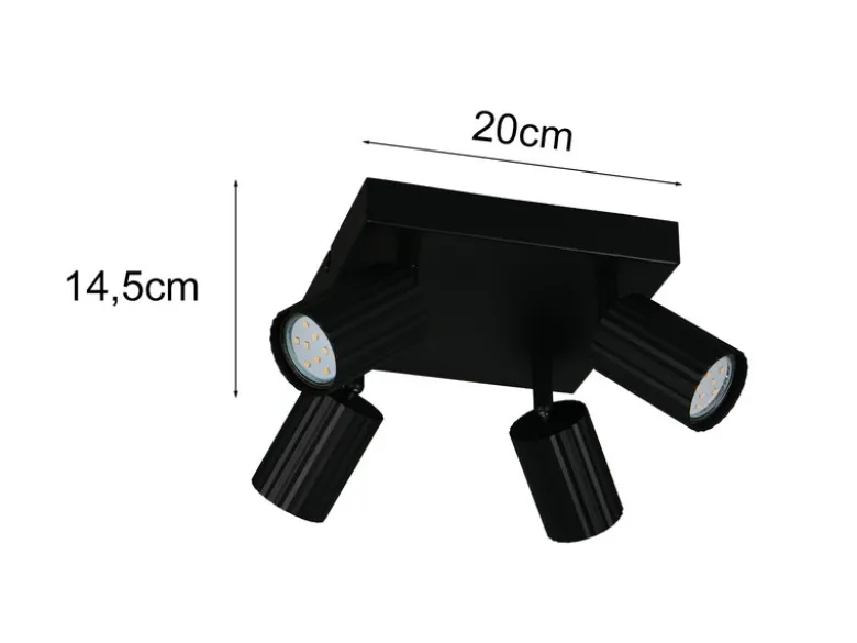 Deckenstrahler SOKA 4-flammig aus Metall Schwarz, Quadrat 20cm