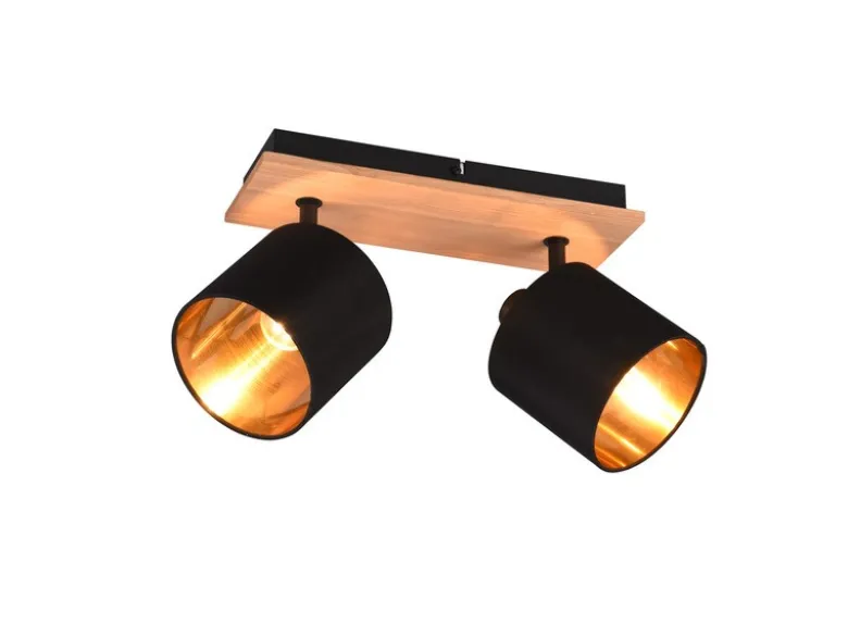 Deckenstrahler TOMMY 2-flammig Holz, Stoffschirme Schwarz Gold, Breite 28cm