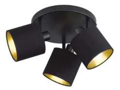 Deckenstrahler TOMMY 3-flammig Schwarz, Stoffschirme Schwarz Gold, Ø 25cm