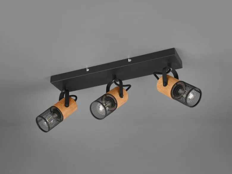 Deckenstrahler TOSH 3-flammig, Schwarz mit Holz & Gitterschirmen, Breite 44cm