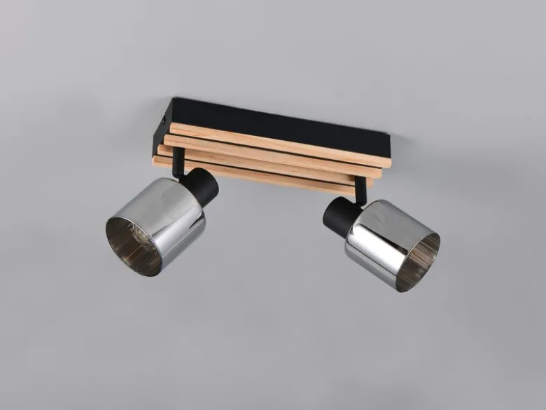 Deckenstrahler TRAVIA 2-flammig, Rauchglas Schwarz & Holzlamellen, Breite 38,5cm