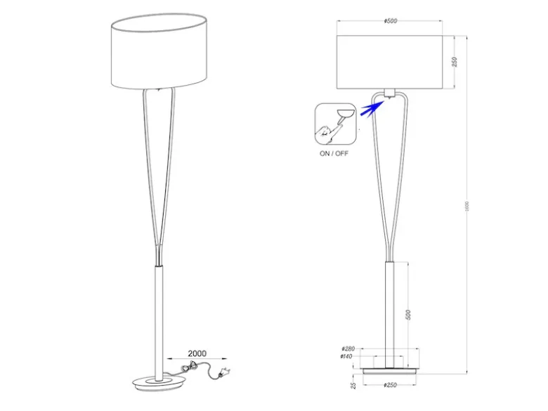 Designer Stehleuchte PARIS II Messing mit Stoffschirm Weiß, Höhe 160cm