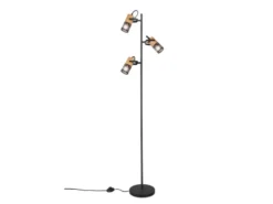Dreiflammige LED Stehlampe mit schwenkbaren Metallgeflecht Spots Schwarz & Holz