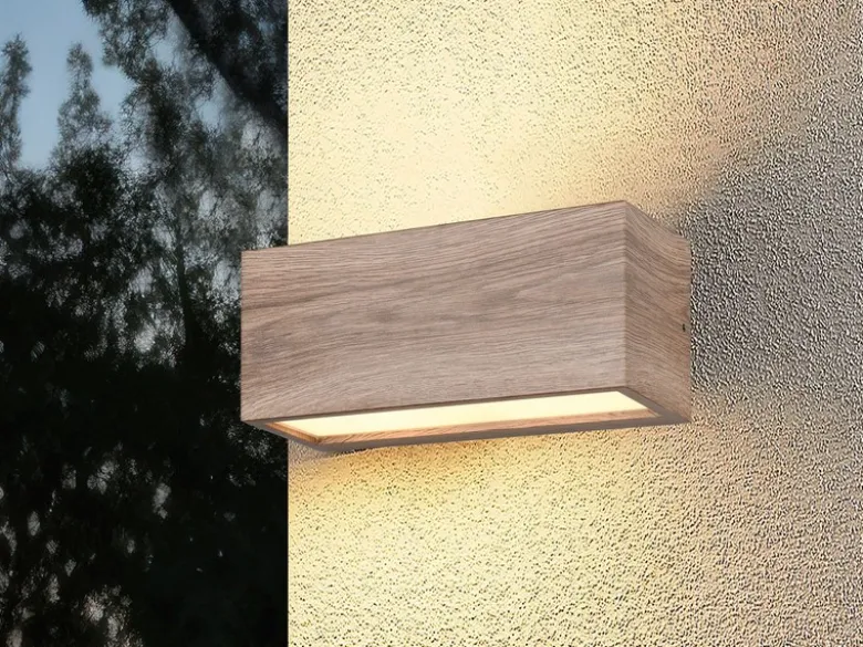 Eckige LED Up & Downlight Außenwandleuchte Holzoptik, Breite 25cm