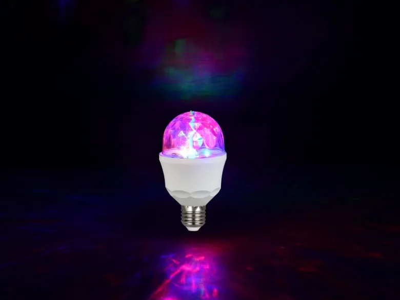 E27 Deko LED mit rotierendem RGB Farbwechsel - 3 Watt, Ø 7,3cm