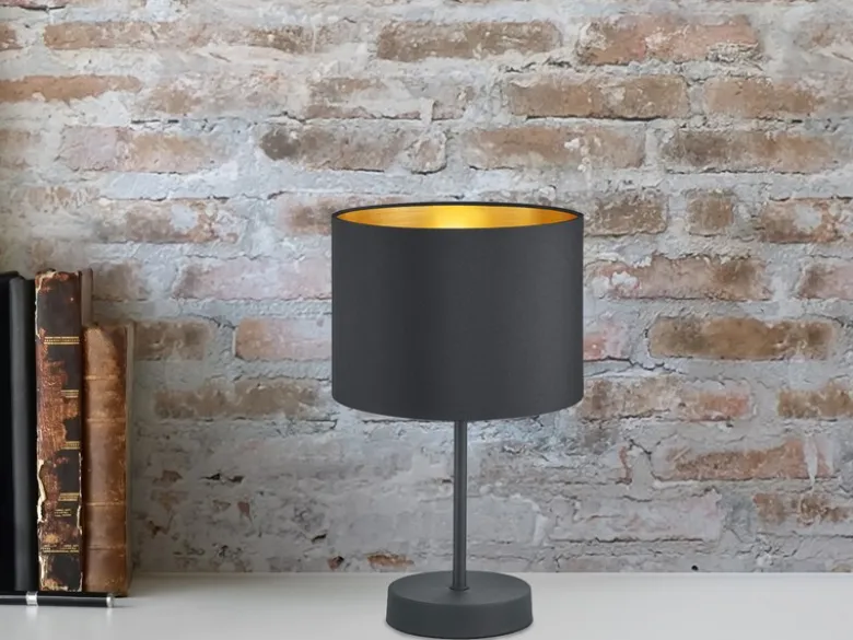 Edle LED Tischleuchte mit Lampenschirm aus Stoff in Schwarz & Gold, Höhe 33cm
