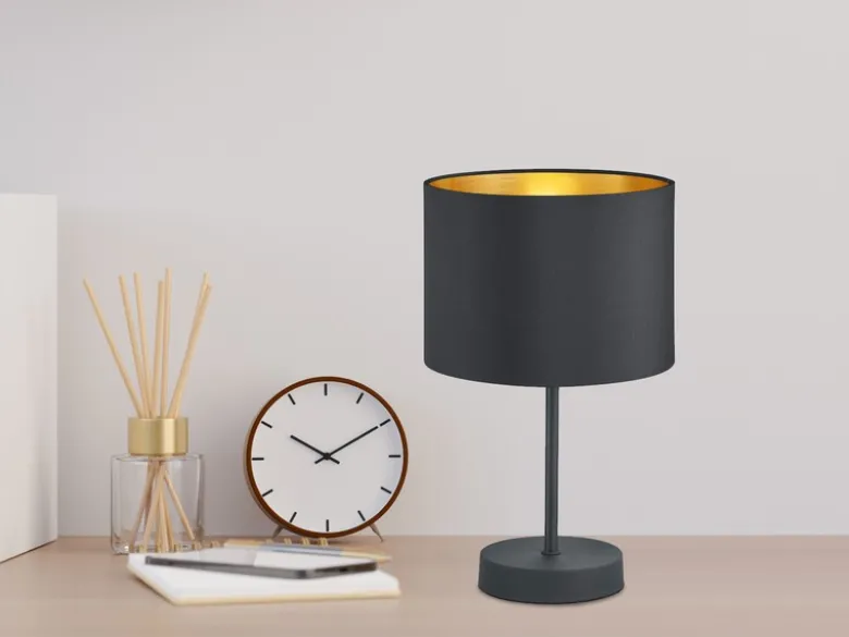 Edle LED Tischleuchte mit Lampenschirm aus Stoff in Schwarz & Gold, Höhe 33cm