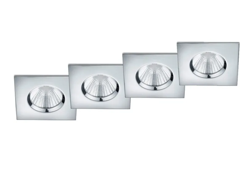 4er SET IP65 LED Deckeneinbaustrahler Silber Chrom eckig, dimmbar, 8,5cm