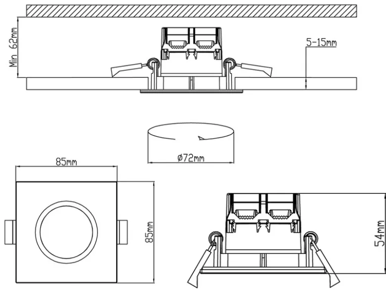 4er SET IP65 LED Deckeneinbaustrahler Silber Chrom eckig, dimmbar, 8,5cm
