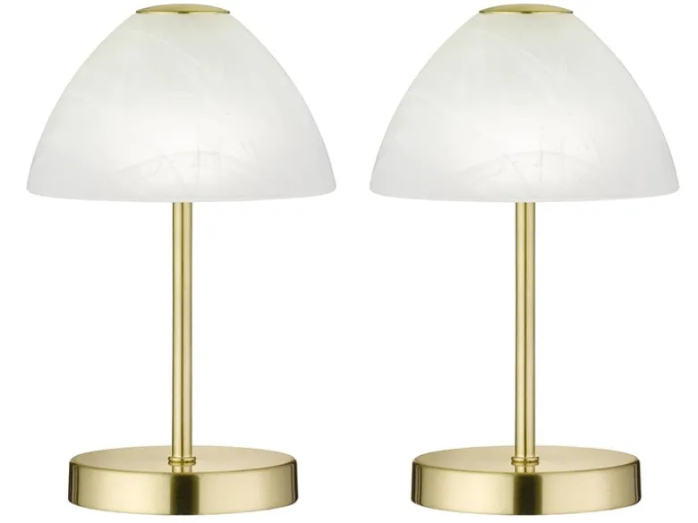 2-er SET kleine LED Tischlampen dimmbar, Messing mit Glasschirm Weiß, Höhe 24cm