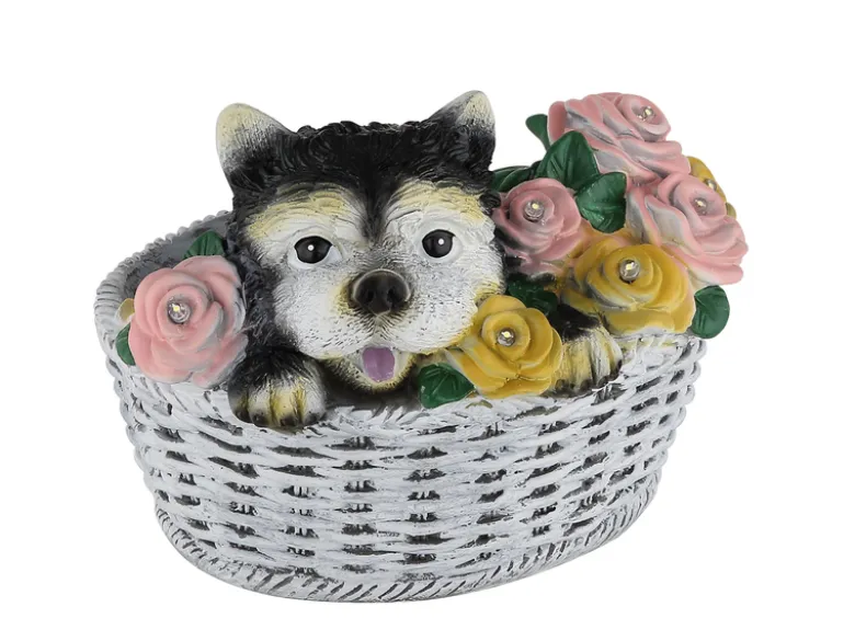 2er Set LED Deko Solarleuchten Hund und Blumen im Korb, Höhe 13,5cm