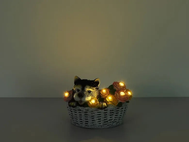2er Set LED Deko Solarleuchten Hund und Blumen im Korb, Höhe 13,5cm