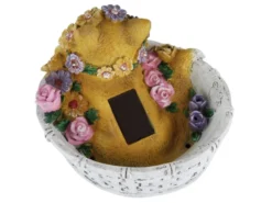 2er Set LED Deko Solarleuchten Katze und Blumen im Korb, Höhe 15cm