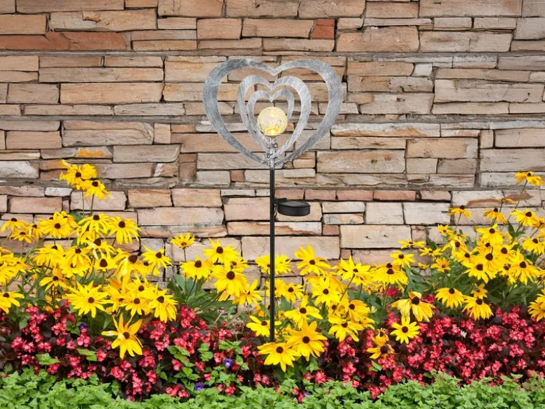 2er Set LED Solar Gartenstecker mit drehbaren Herzen in Silber-Grau, Höhe 82cm