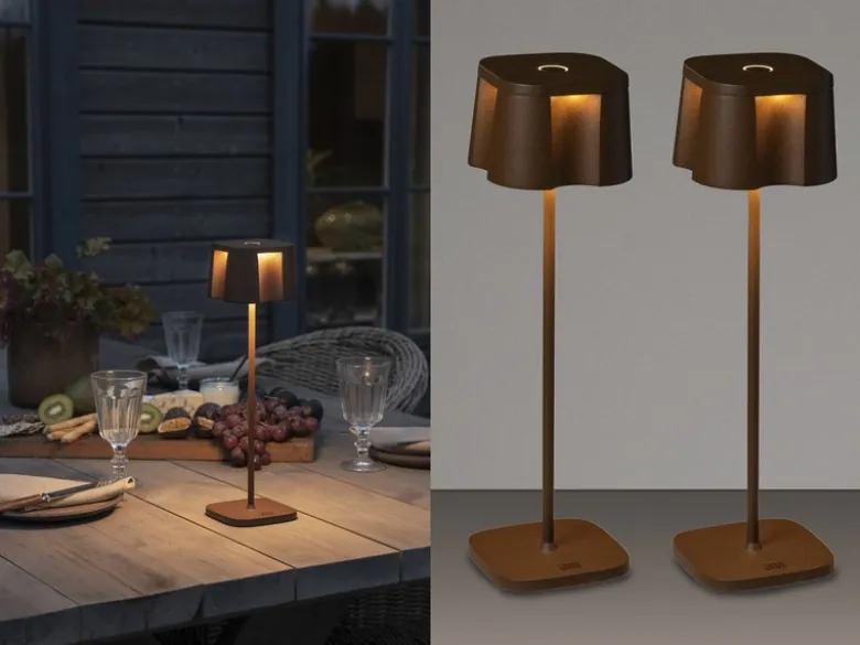 2er Set Wiederaufladbare LED Outdoor Tischleuchten, Rostoptik Höhe 36cm