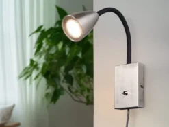 Flexible LED Leselampe, Wandleuchte mit Schalter & Stecker, Silber Höhe 23,5cm