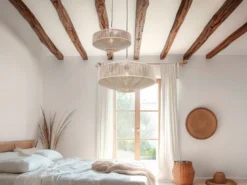 Große Boho LED Pendelleuchte Lampenschirm Baumwolle Beige, Ø 61cm
