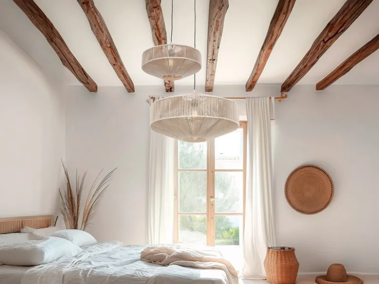 Große Boho Pendelleuchte SVEA Lampenschirm aus Baumwolle Beige, Ø 61cm