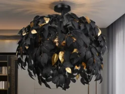 Große Deckenleuchte LEAVY mit Blätter Lampenschirm Schwarz Gold, Ø 70cm