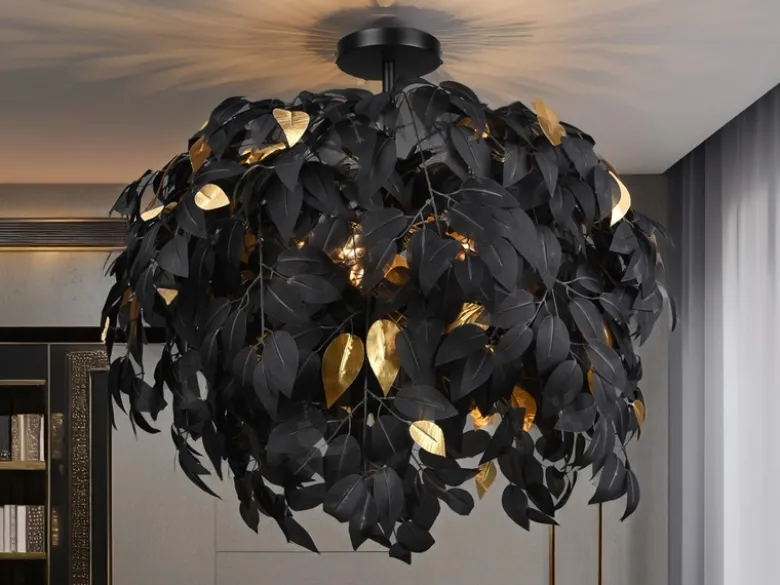 Große Deckenleuchte LEAVY mit Blätter Lampenschirm Schwarz Gold, Ø 70cm