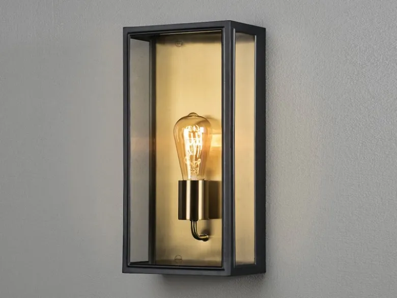 Große LED Außenwandlaterne Schwarz-Messing mit Klarglas, Höhe 40cm