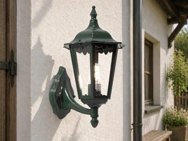 Große LED Außenwandleuchte Laterne stehend aus Aluminium Grün, Höhe 44cm