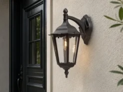 Große LED Außenwandleuchte Laterne hängend aus Aluminium Schwarz, Höhe 45cm