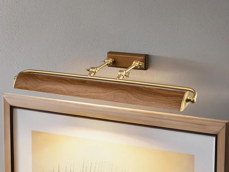 Große LED Bilderleuchte in Holzoptik-Altmessing, verstellbar, Breite 70cm