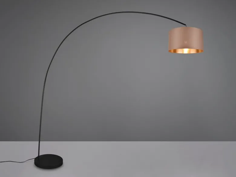 Große LED Bogenleuchte Metall Schwarz mit Stoff Lampenschirm Taupe, Höhe 210cm