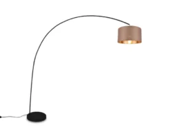 Große LED Bogenleuchte Metall Schwarz mit Stoff Lampenschirm Taupe, Höhe 210cm